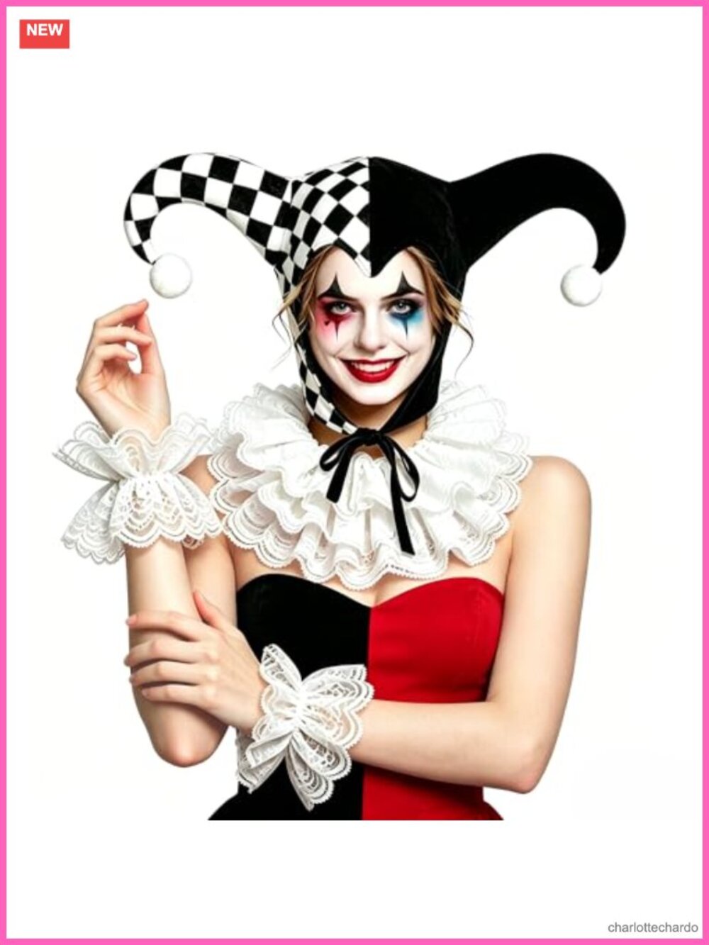 4-Piece Clown Costume Set Jester Hat Lace Ruffled Collar Wrist Cuffs Halloween
